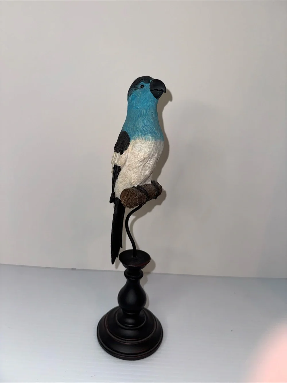 9” Resin Parrot On a Log Figurine On Stand Teal Blue & Black